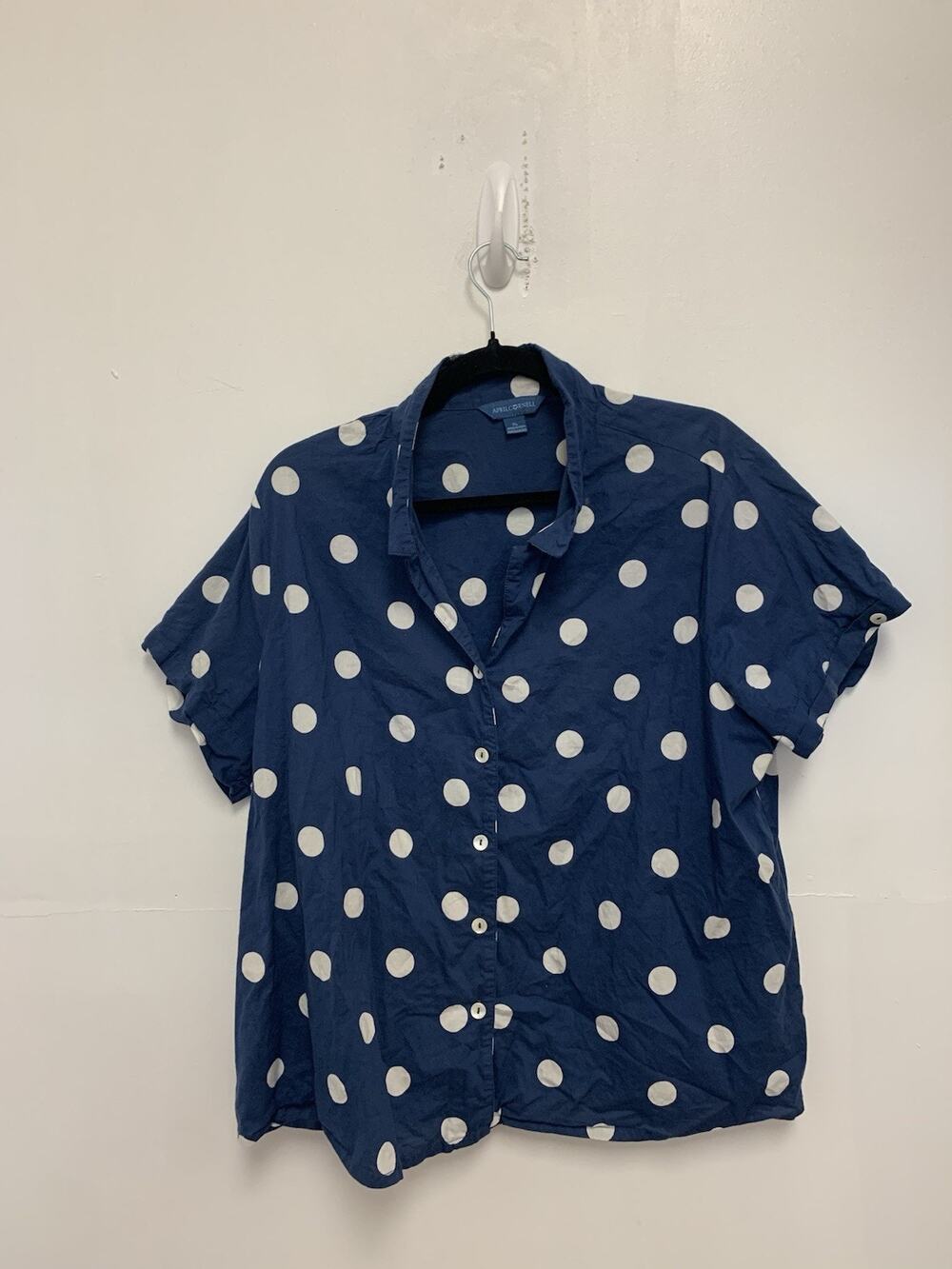 April Cornell Polka Dot Button Up Blue Blouse Size XL